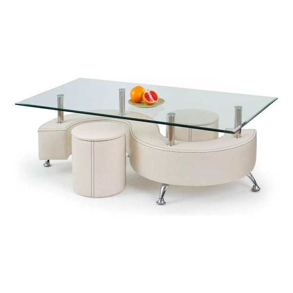 Set masuta cu 2 taburete NINA 3, alb, sticla/otel, 130x70x55 cm