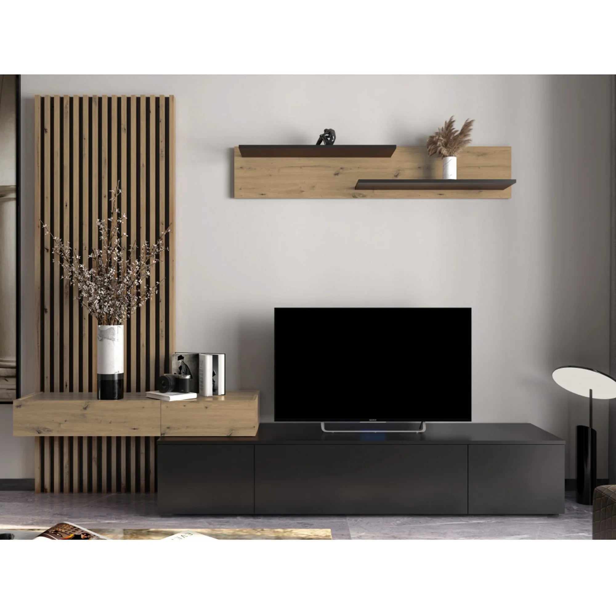 Mobilier living REBEKA, stejar artisan/negru, PAL melaminat, 4 piese, 250x42x200 cm