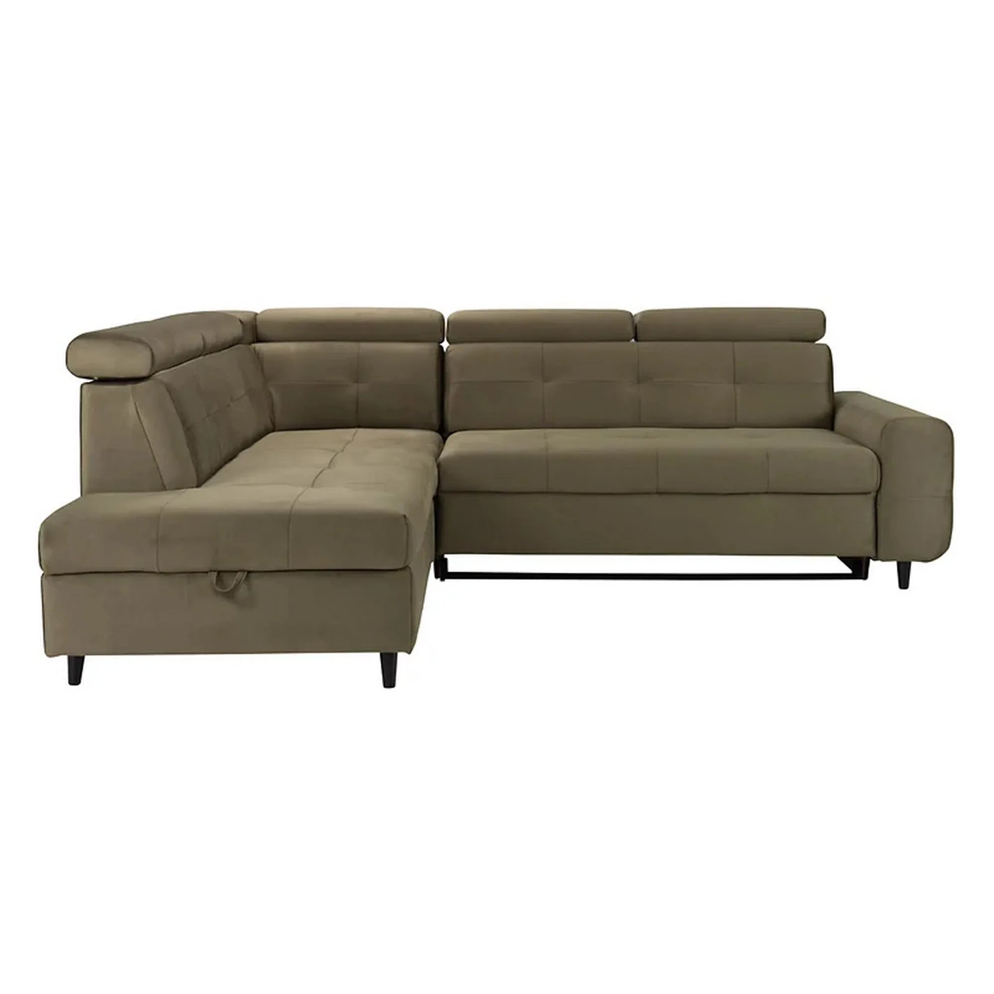 Coltar extensibil MATRAS, sezlong stanga, stofa catifelata verde olive - Letto 38, cu lada depozitare si tetiere reglabile, 263x205x98 cm