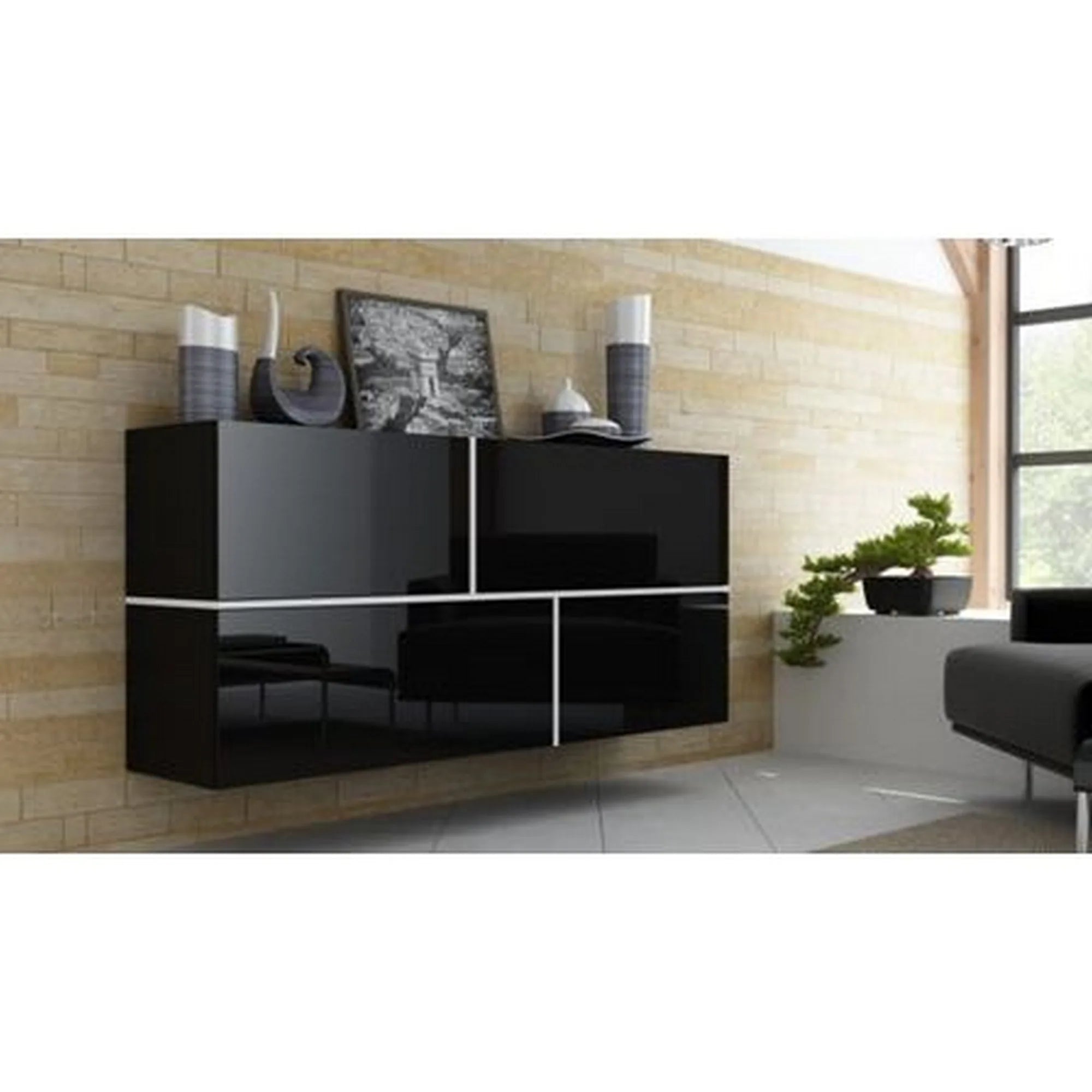 Comoda GOYA, negru/negru lucios/alb, PAL laminat, 170x40x80 cm