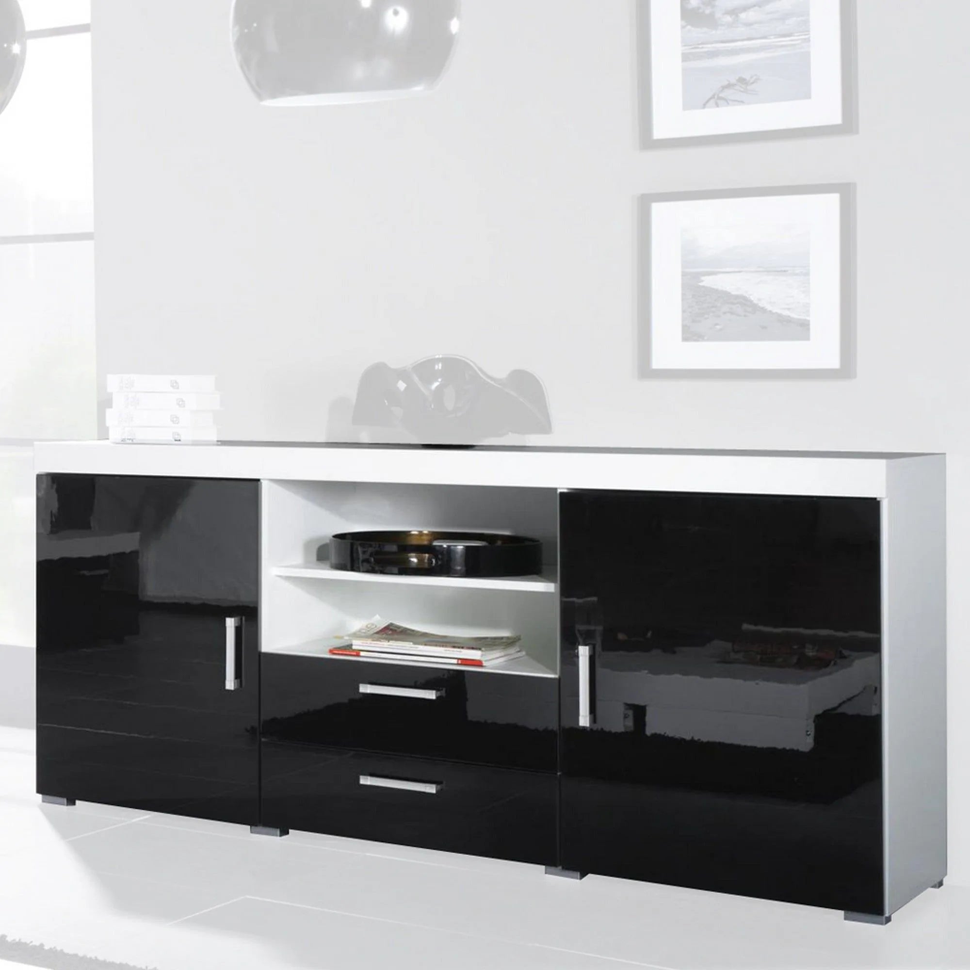 Comoda SAMBA REG-5, alb/negru, PAL, 164x45x80 cm
