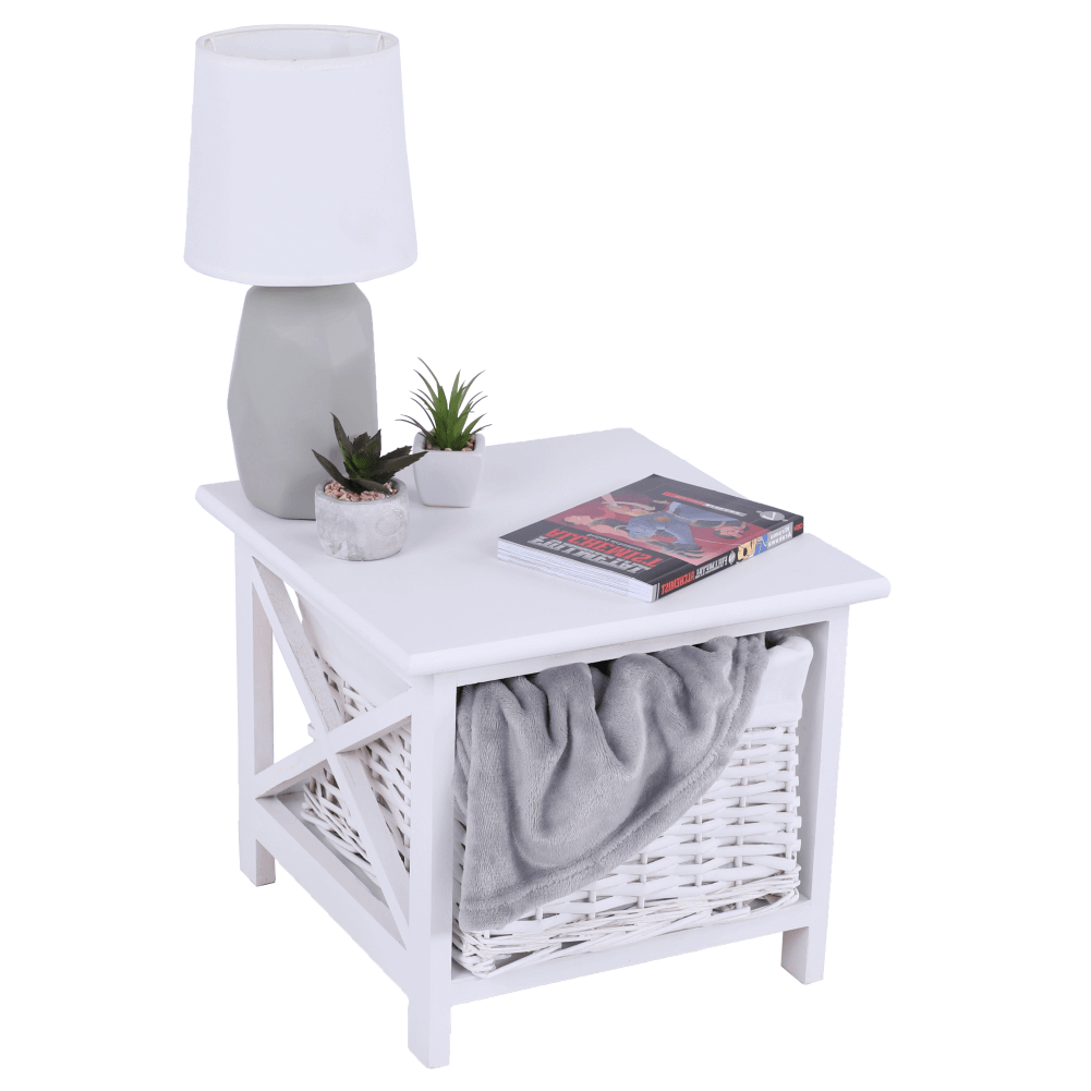 Noptiera RAFAELLO, alb, lemn/material textil/rachita, 36x37x30 cm