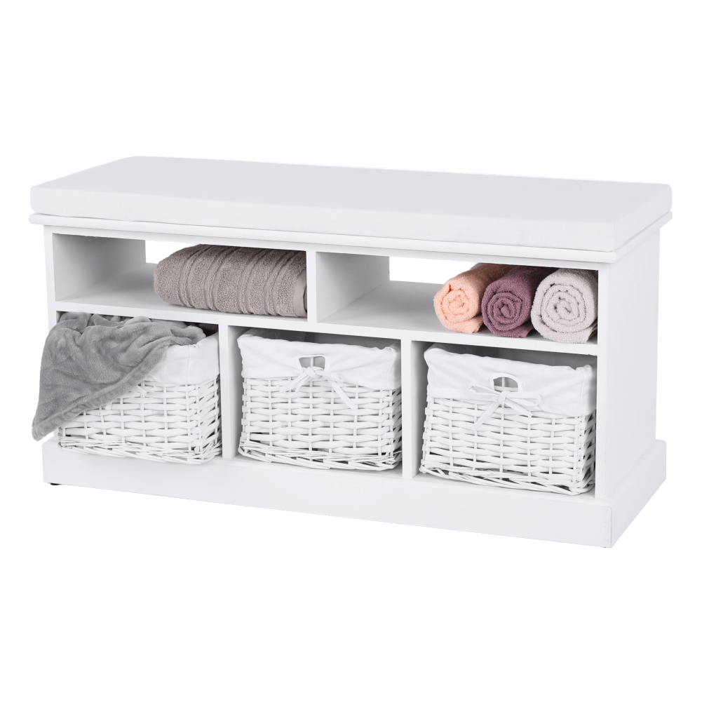 Bancheta RAFAELLO, alb, lemn, cu 3 coşuri, 95x35x49 cm