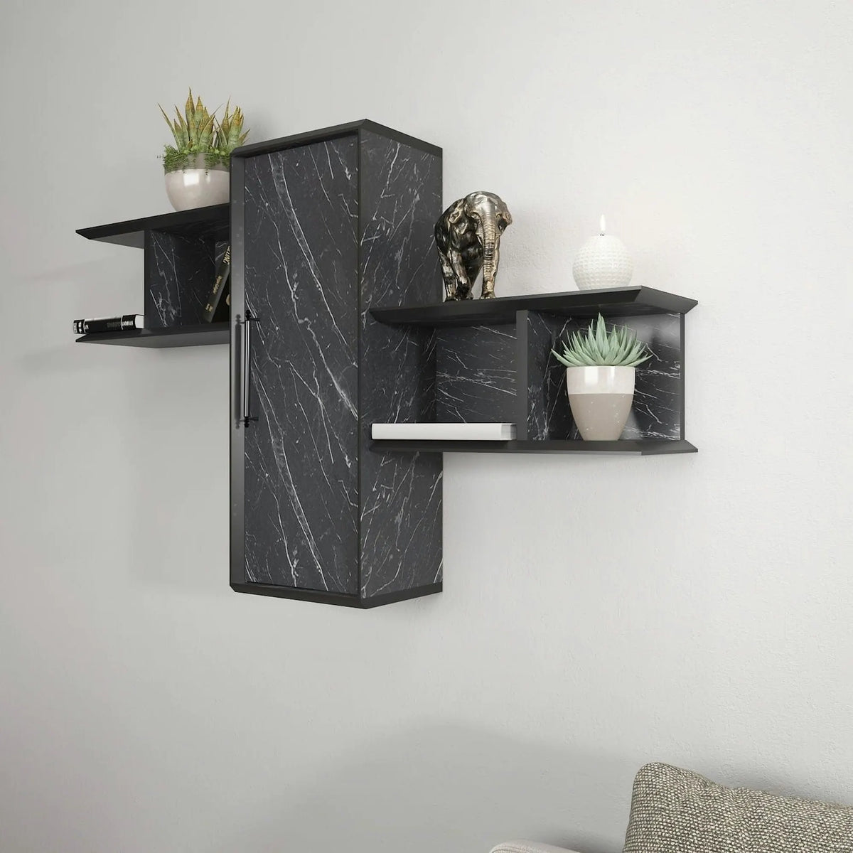 Raft OLIDA, negru cu efect de marmura, PAL melaminat, 119x35x52 cm