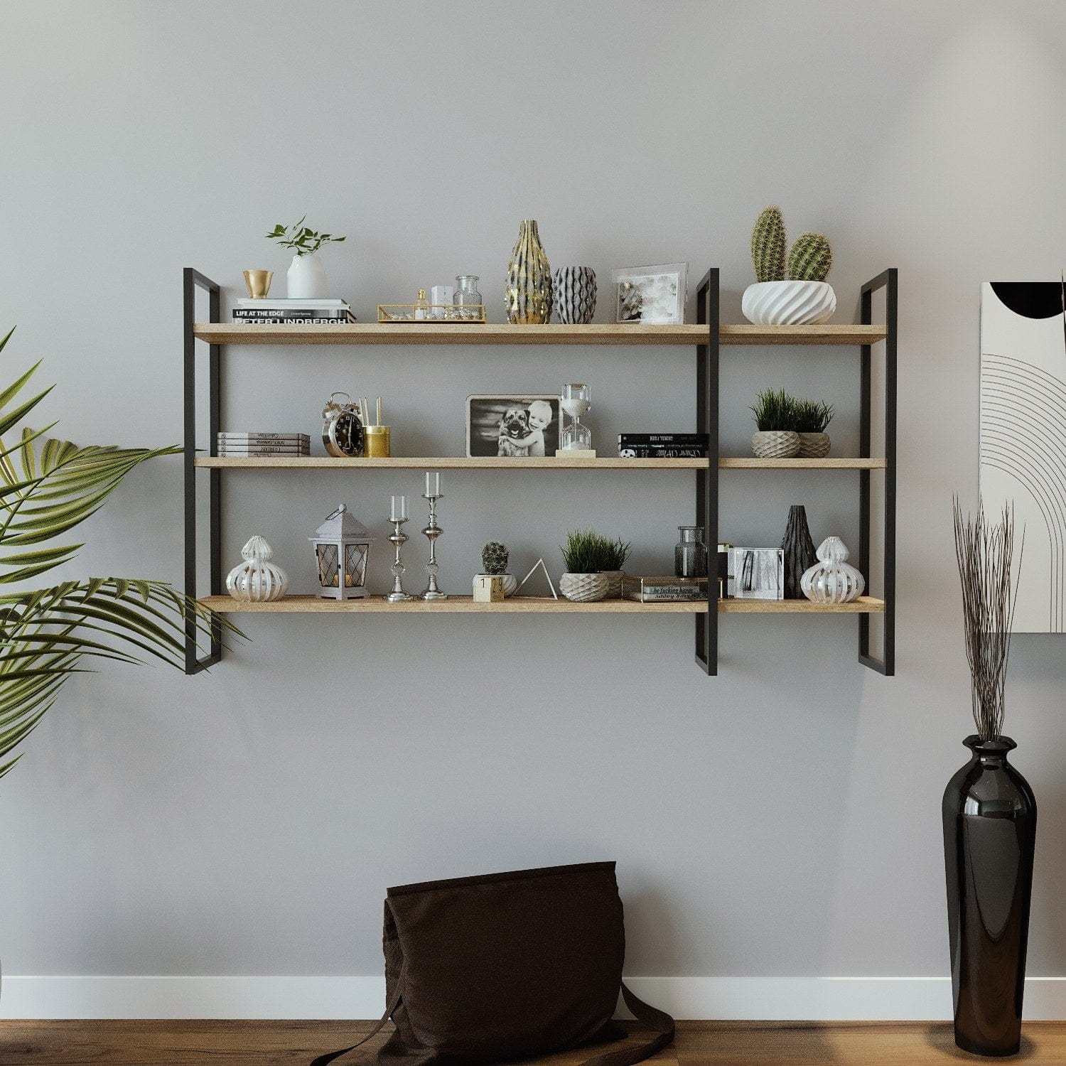 Raft WEIDEN L2026, stejar/negru, PAL melaminat/metal, 140x25x90 cm