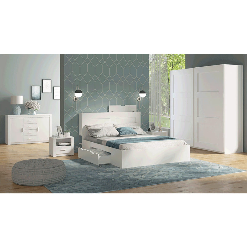 Set dormitor RAMIAK, alb, format din pat 160x200 cm, 2 noptiere, dulap