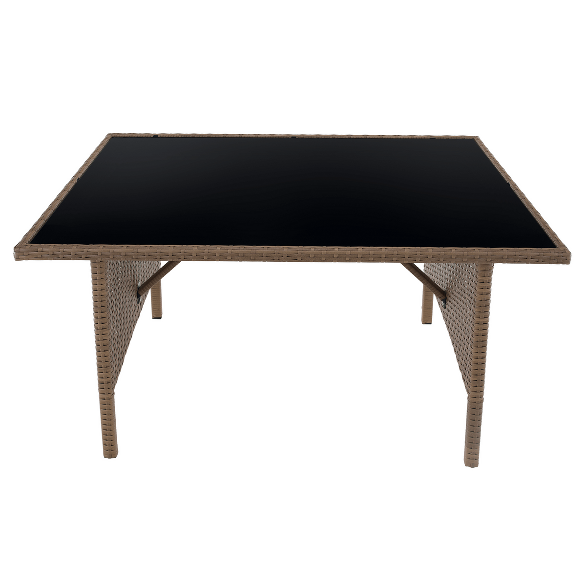 Set gradina RANDI, stejar/gri deschis/negru, ratan sintetic/sticla temperata/metal, cu masa, 2 taburete si canapea