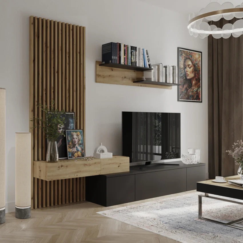 Mobilier living REBEKA, stejar artisan/negru, PAL melaminat, 4 piese, 250x42x200 cm