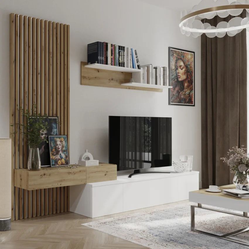 Mobilier living REBEKA, stejar artisan/alb, PAL melaminat, 4 piese, 250x42x200 cm