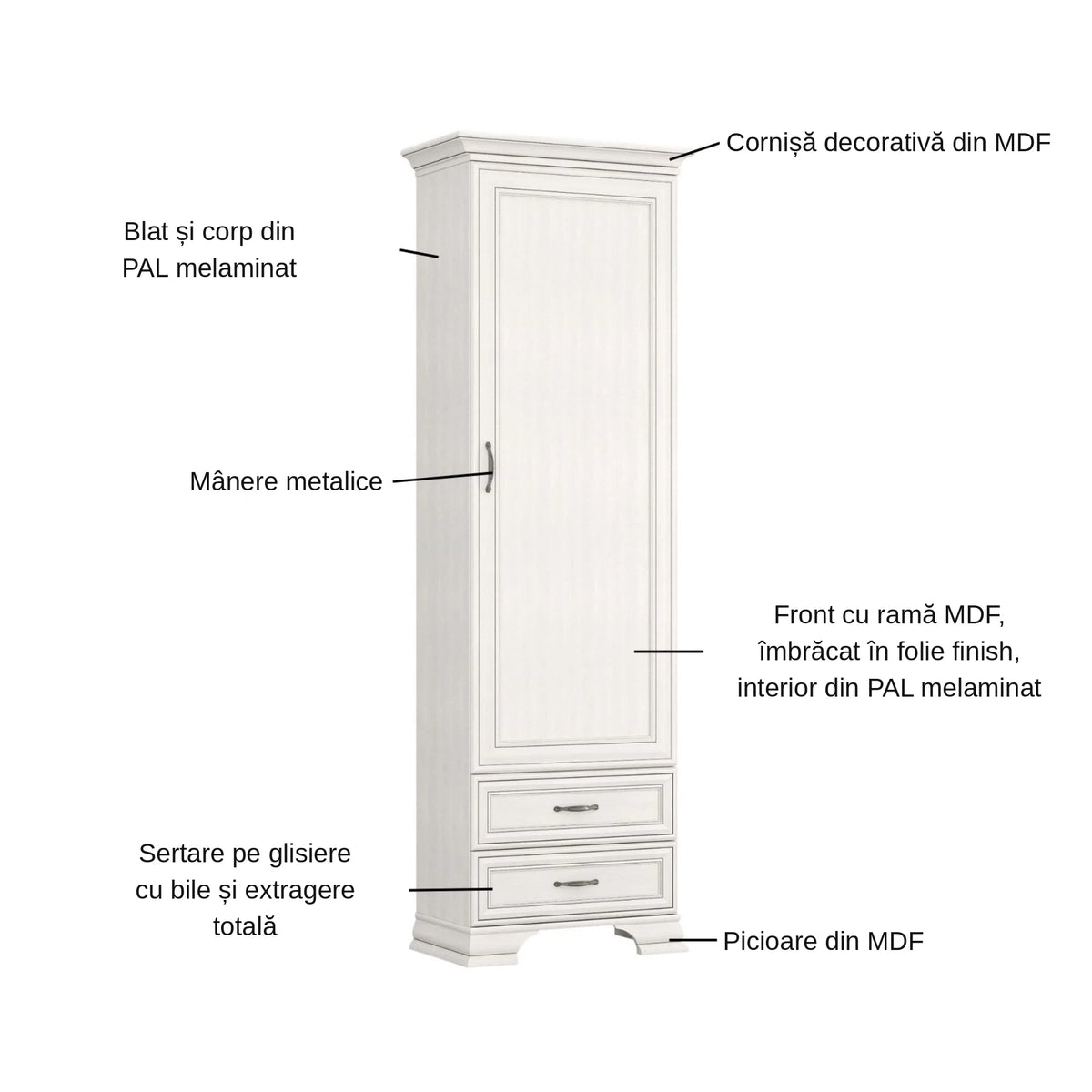 Dulap TIFFANY, crem, PAL laminat, cu o usa si 2 sertare, 69x40x212 cm