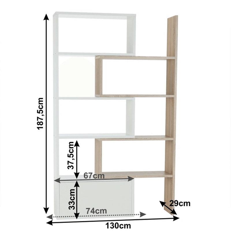 Etajera ASTA, alb/stejar sonoma, PAL melaminat, 74/130x29x188 cm