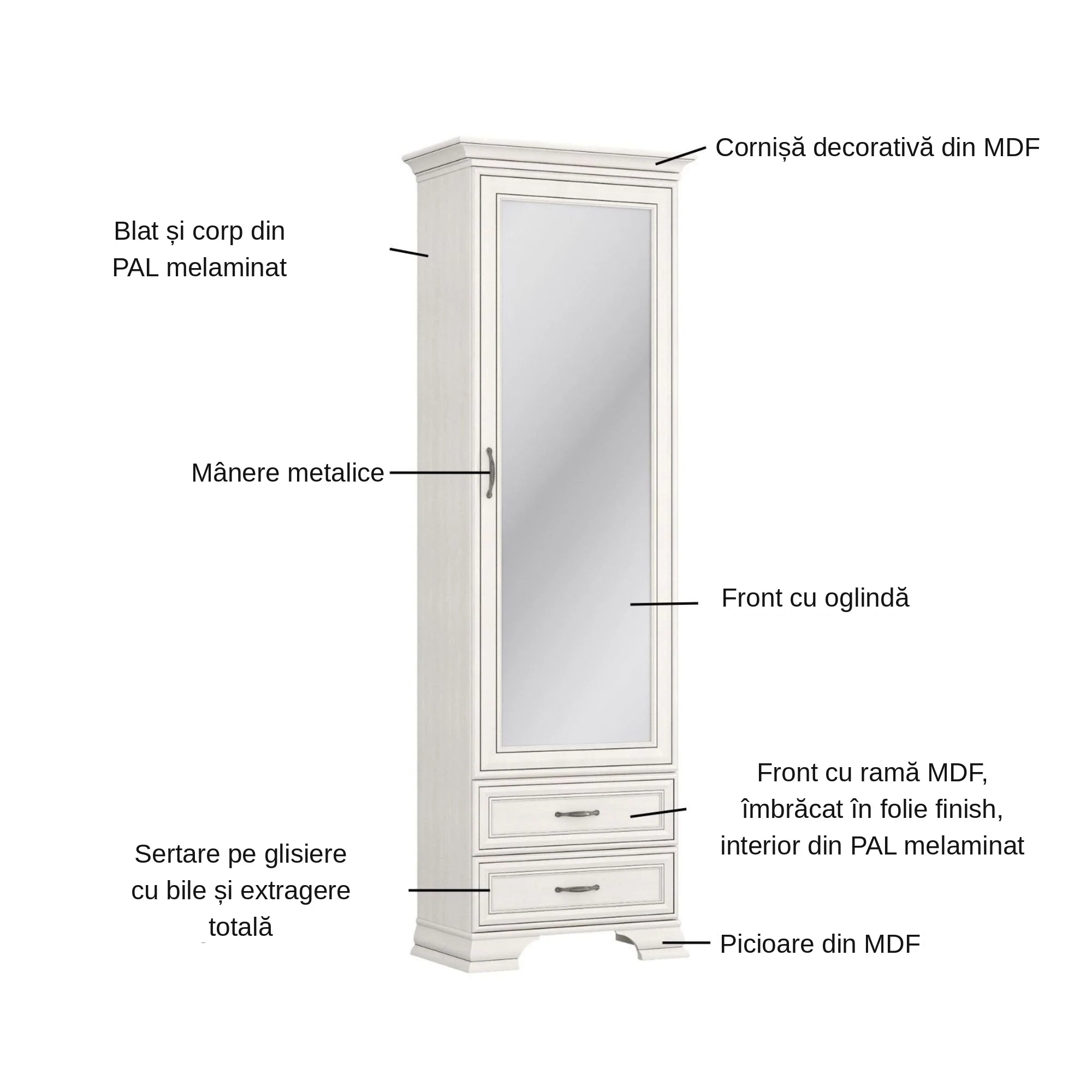 Dulap TIFFANY, crem, PAL laminat, cu o usa si 2 sertare, cu oglinda, 69x40x212 cm