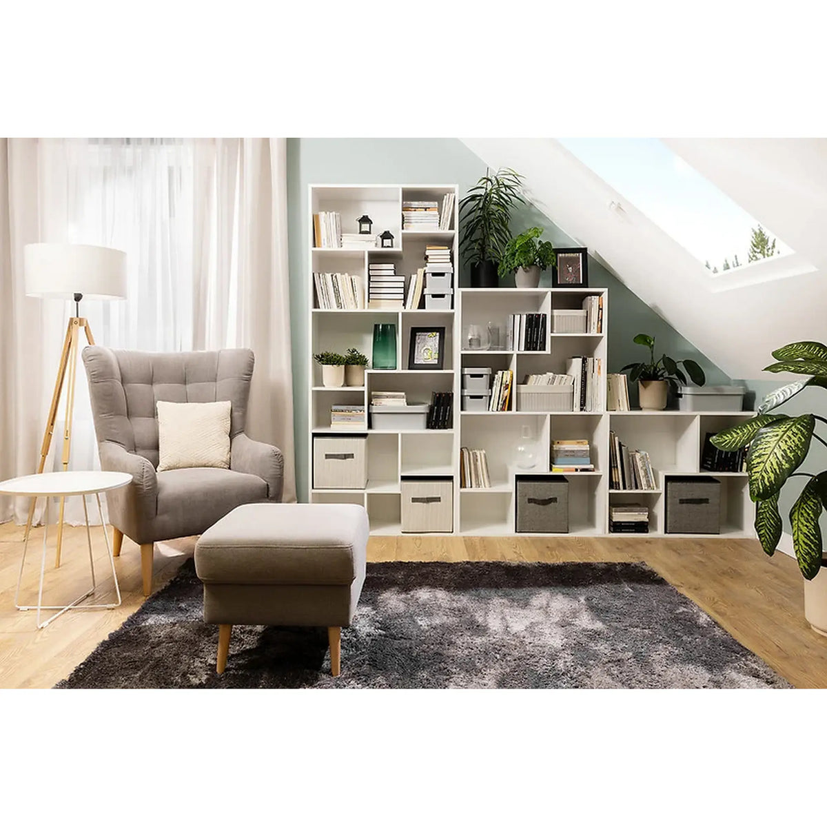 Biblioteca TETRIX, alb lucios, PAL melaminat, 88x34x198 cm