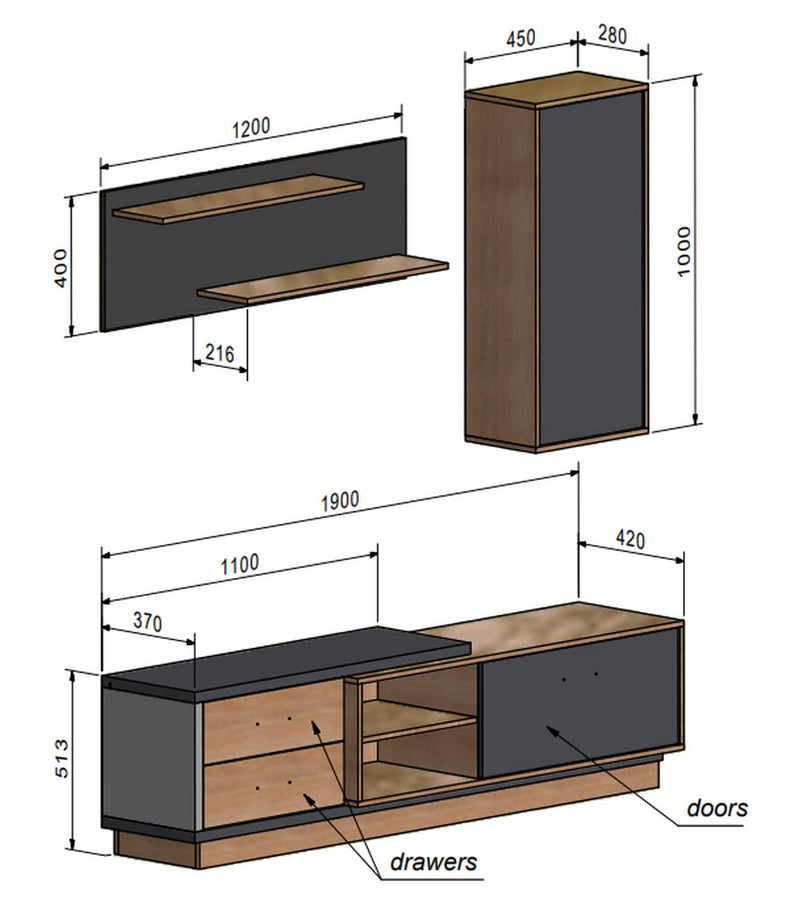 Mobilier living REMO, stejar/gri antracit, PAL, 190x43x200 cm