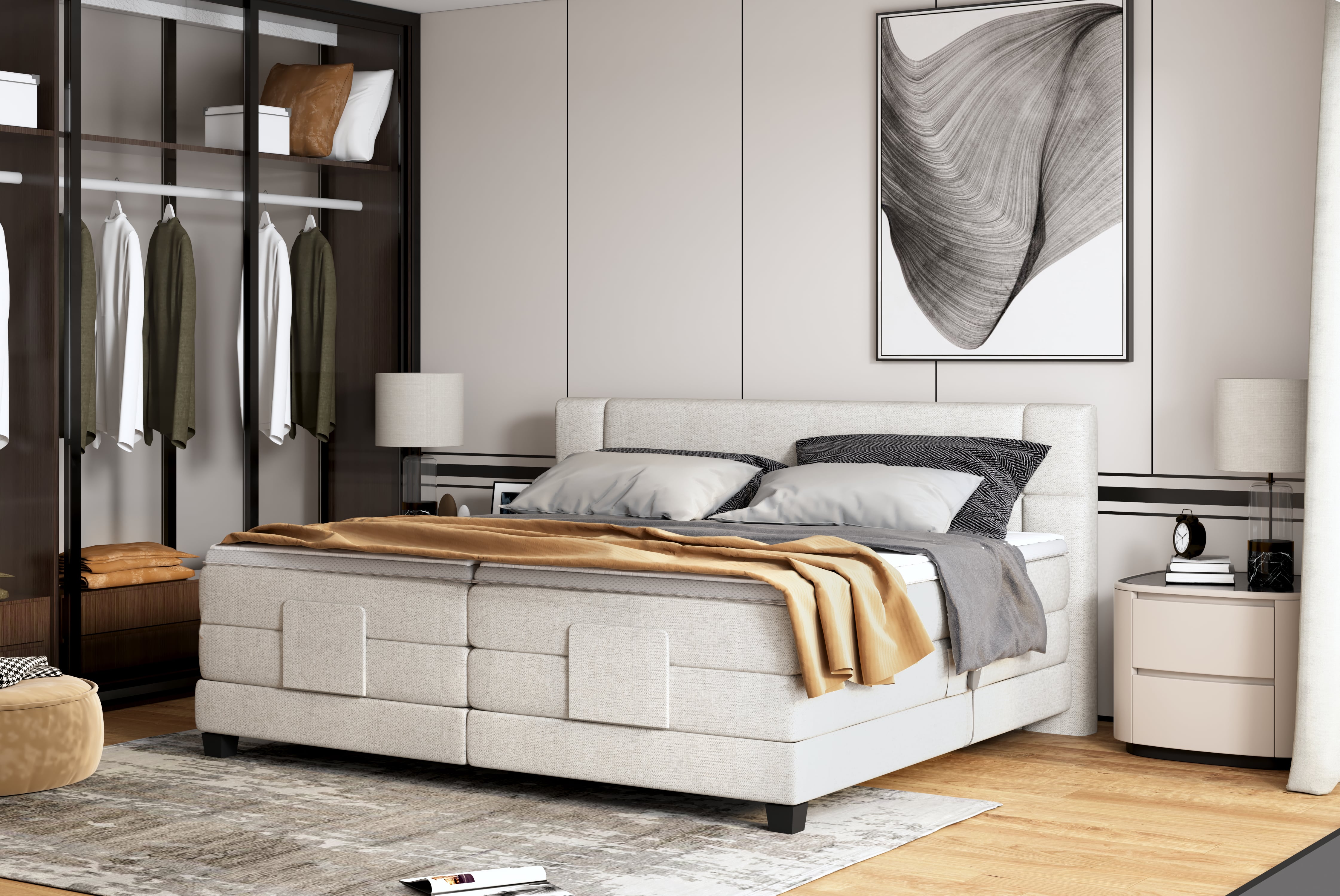 Pat boxspring REY 180x200, personalizabil materiale gama Oferta Avantaj, cu mecanism electric, saltele si topper