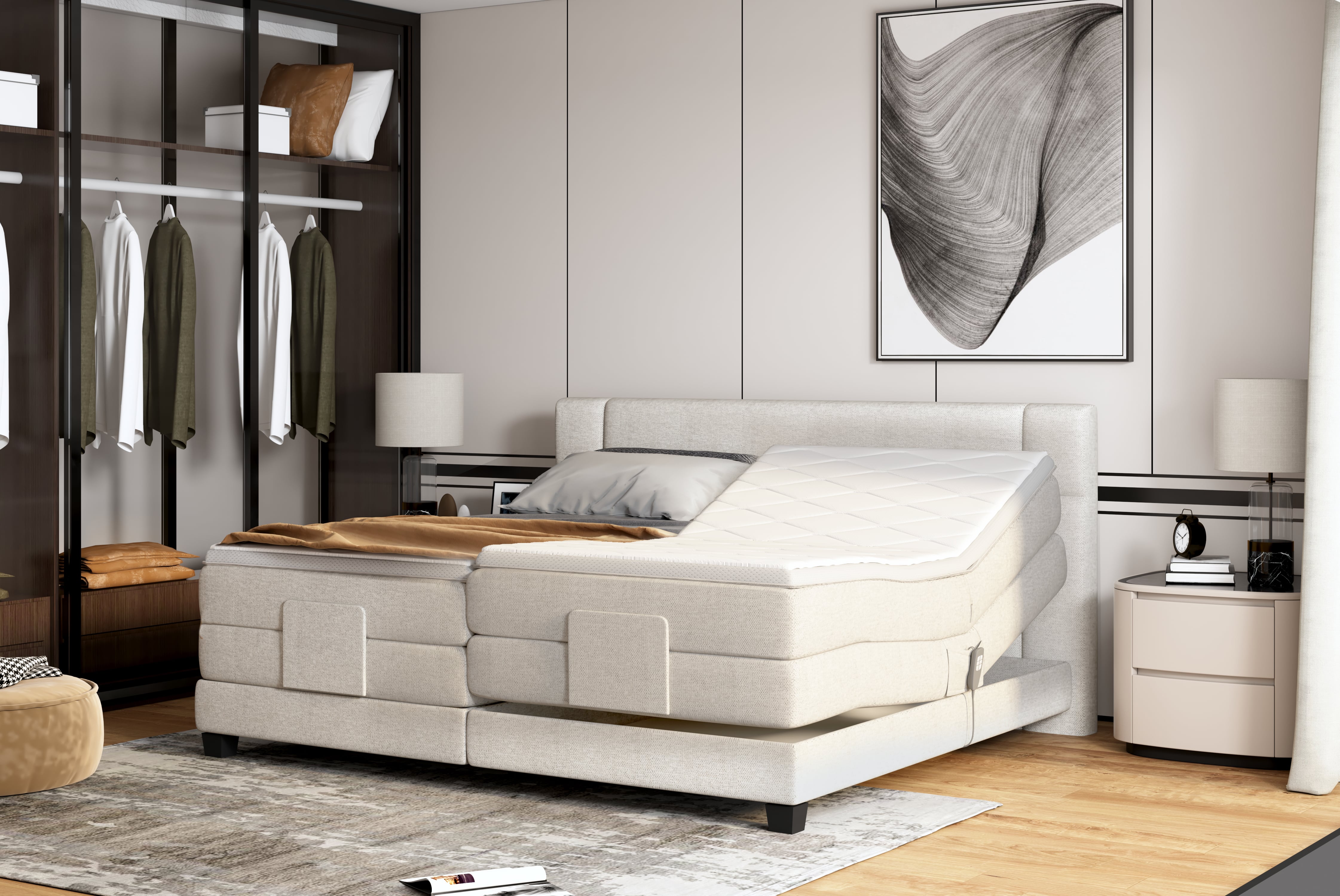 Pat boxspring REY 180x200, personalizabil materiale gama Oferta Avantaj, cu mecanism electric, saltele si topper