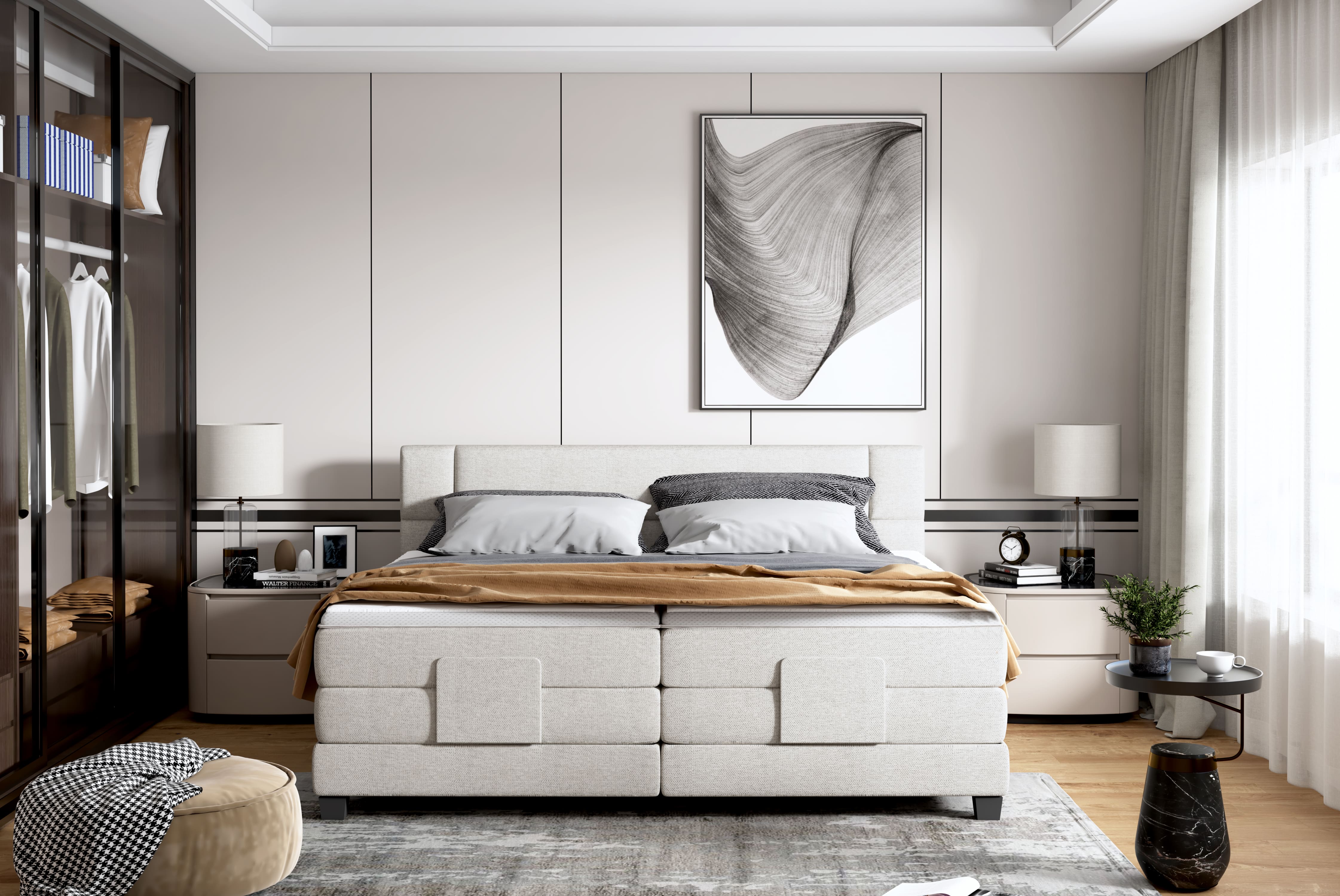 Pat boxspring REY 180x200, personalizabil materiale gama Oferta Avantaj, cu mecanism electric, saltele si topper