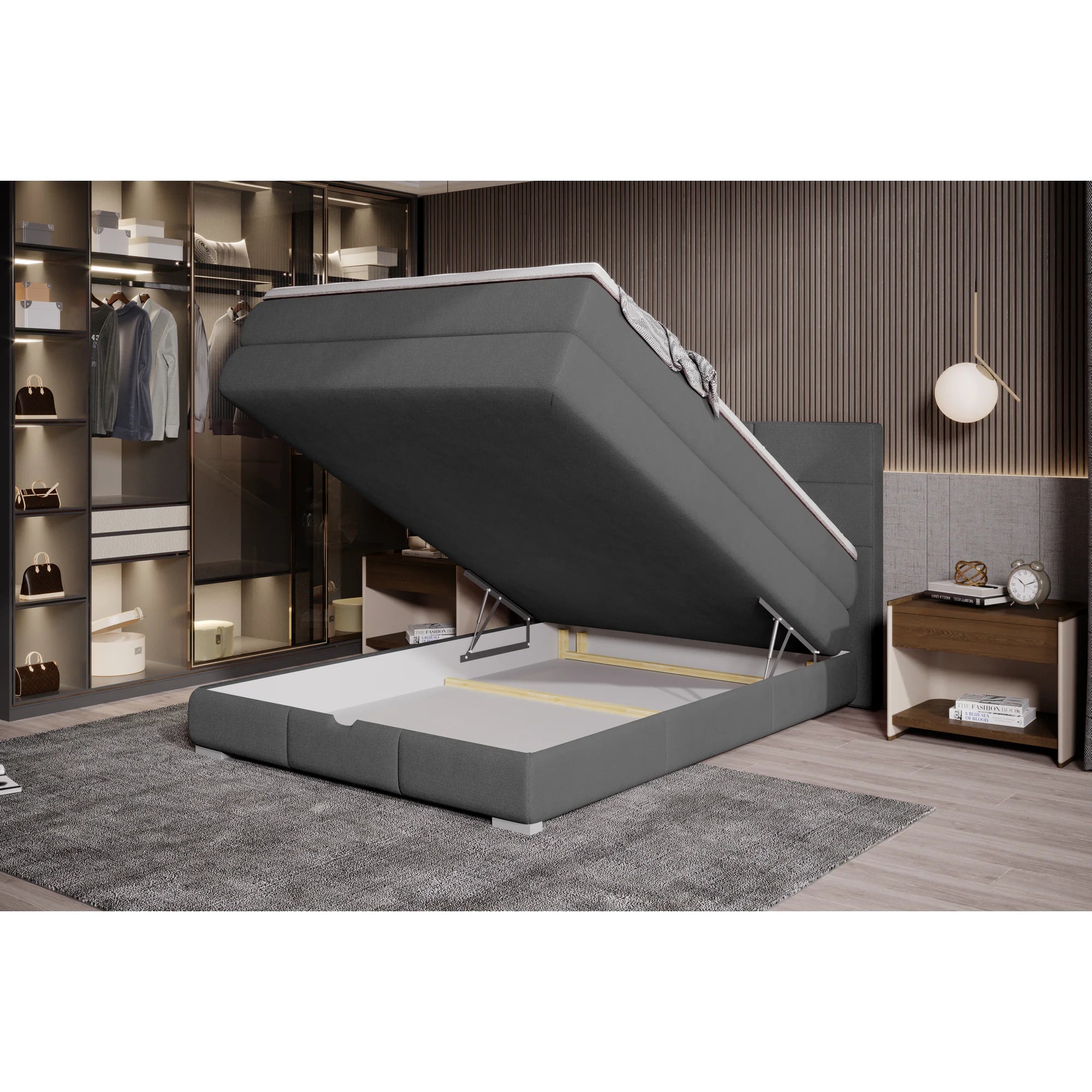 Pat boxspring RITA 140x200, personalizabil materiale gama Oferta Avantaj, cu saltele, topper si lada depozitare