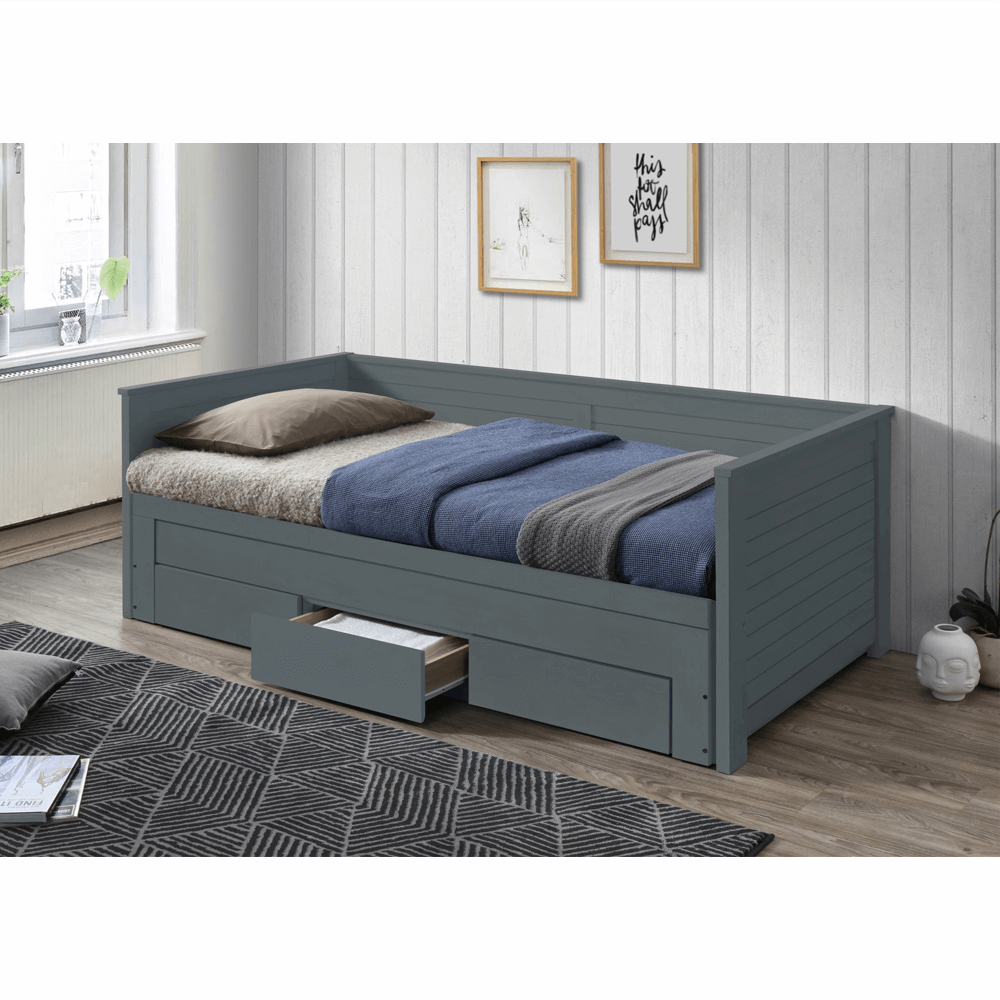 Pat extensibil GORETA, 90x200/180x200, gri, cu somiera si 3 sertare pentru depozitare
