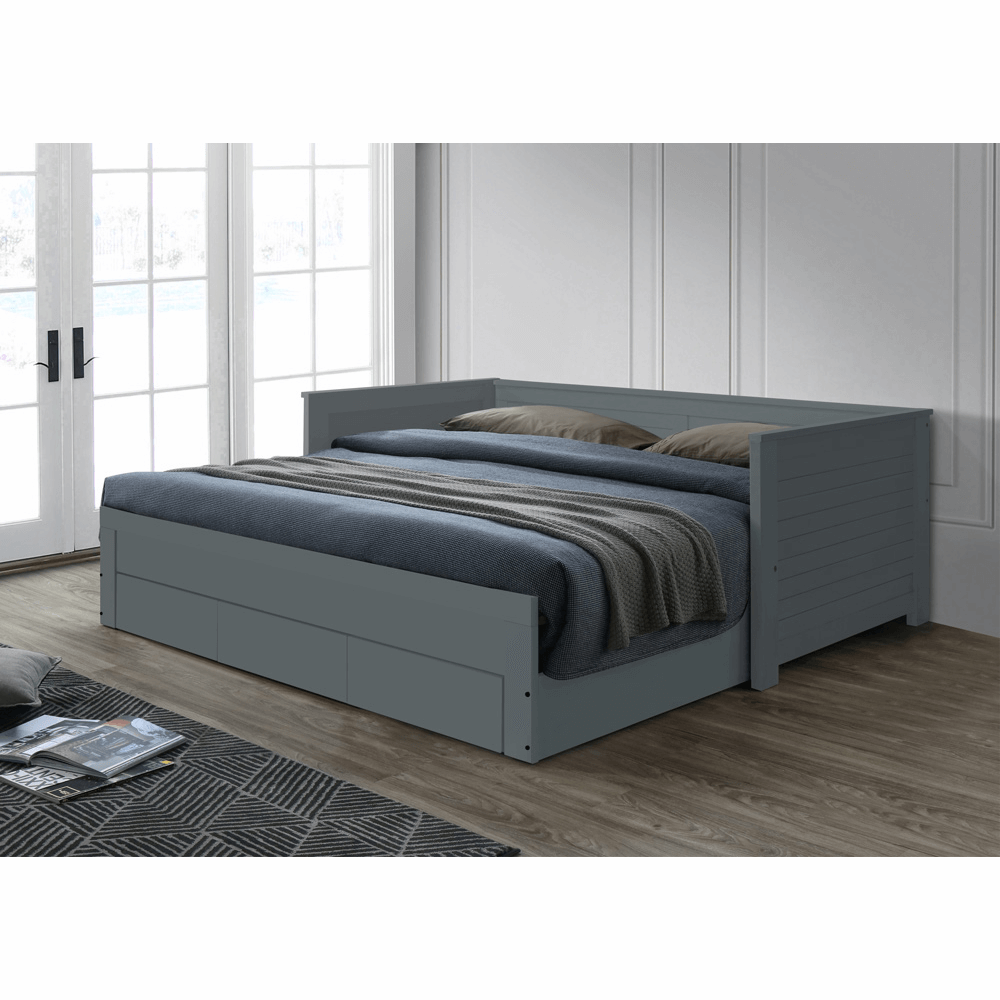 Pat extensibil GORETA, 90x200/180x200, gri, cu somiera si 3 sertare pentru depozitare
