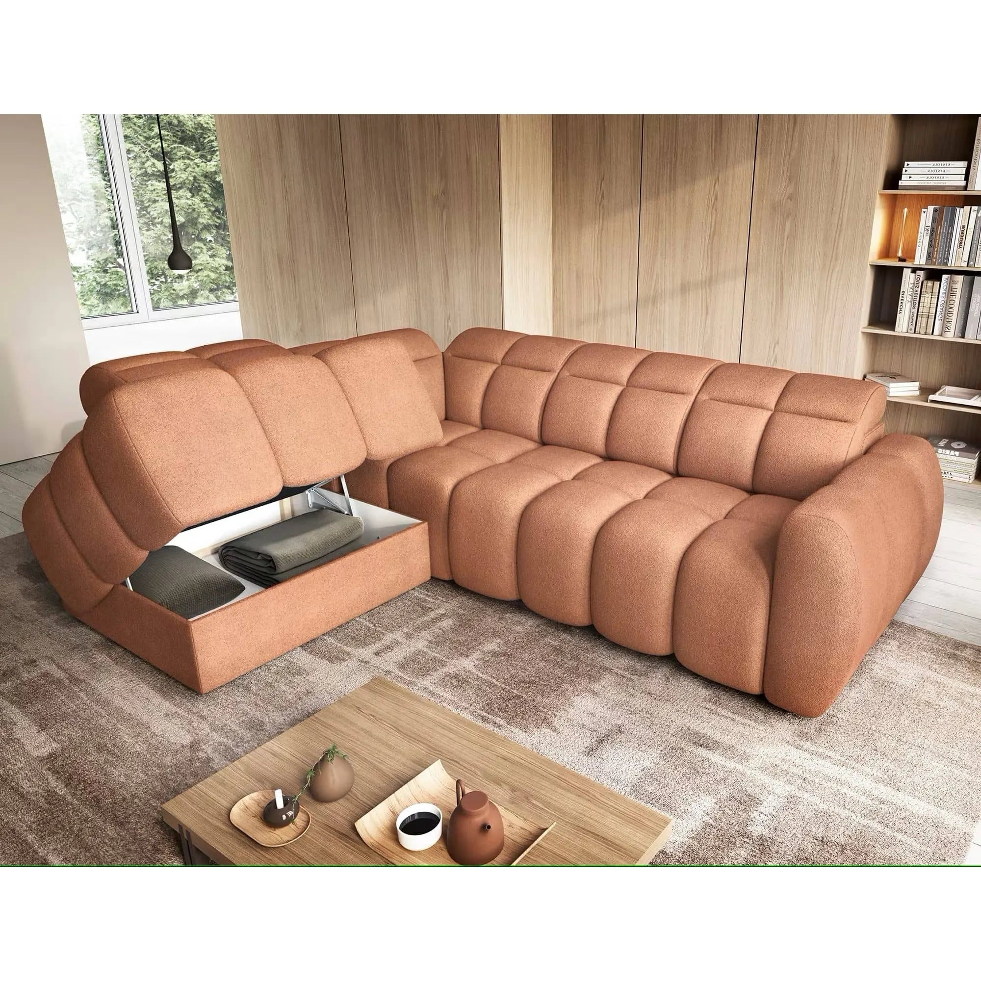 Coltar FALCONN, sezlong dreapta, stofa clasica somon - Xillar 24, cu reglaj electric, tetiere reglabile si lada depozitare, 258x208x87 cm