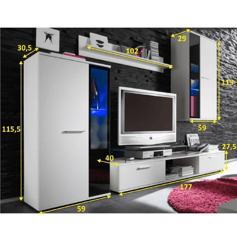 Mobilier living SALESA, alb, PAL melaminat/sticla, 4 piese, 235x40x175 cm