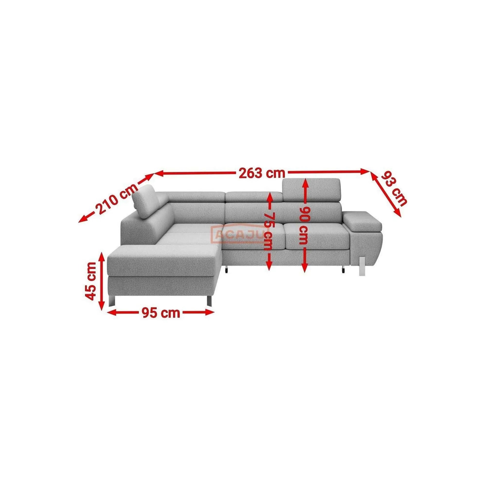 Coltar extensibil MOLINA L, personalizabil materiale gama Premium, cu lada depozitare si tetiere reglabile, 263x210x90 cm