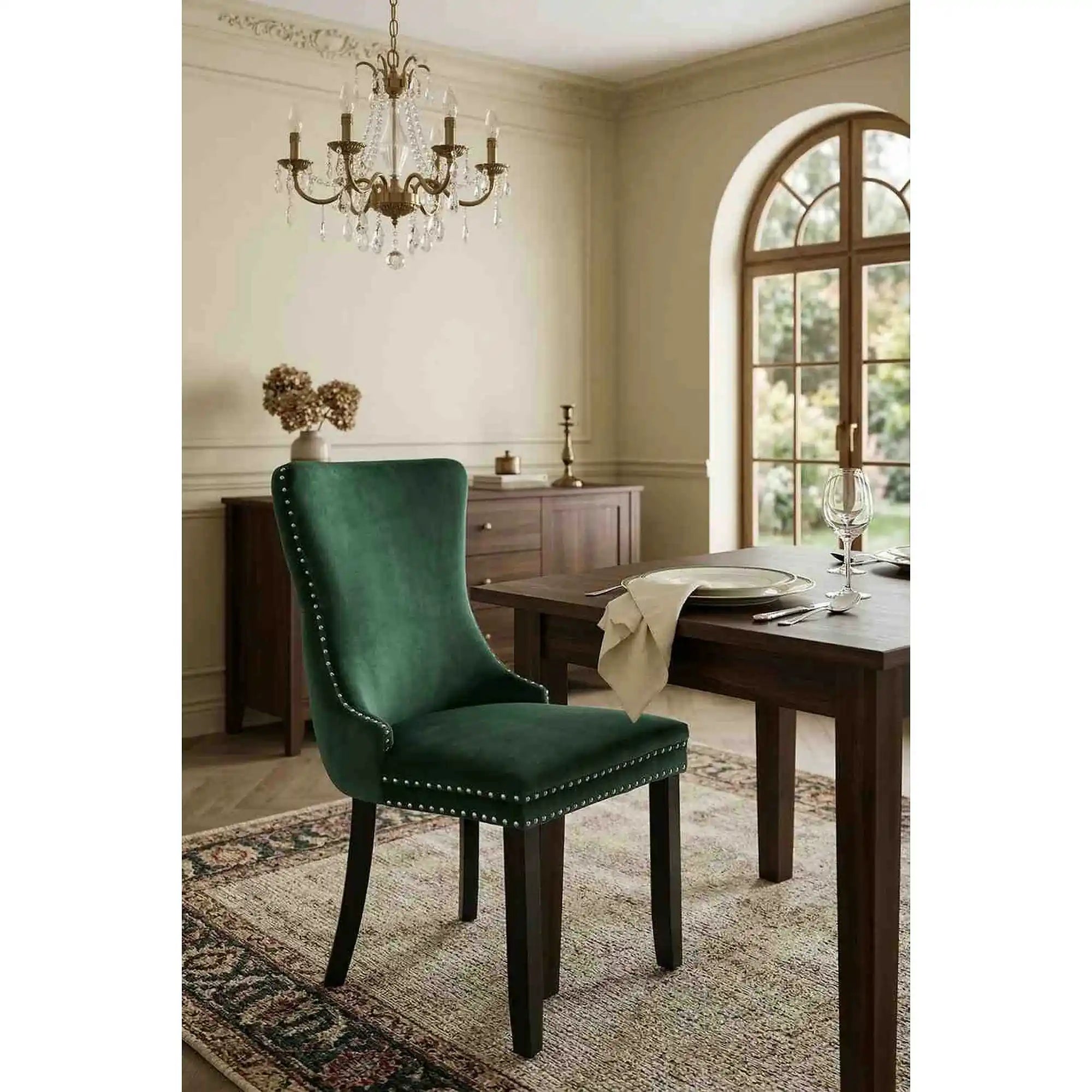Scaun ALDA, verde inchis/negru, stofa catifelata/lemn, 50x62x95 cm