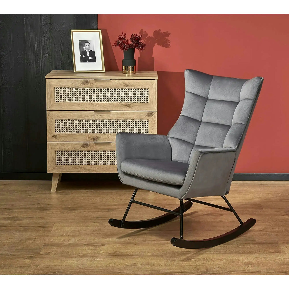Scaun balansoar tapitat BAZALTO, gri/negru, stofa catifelata, 70x90x92 cm
