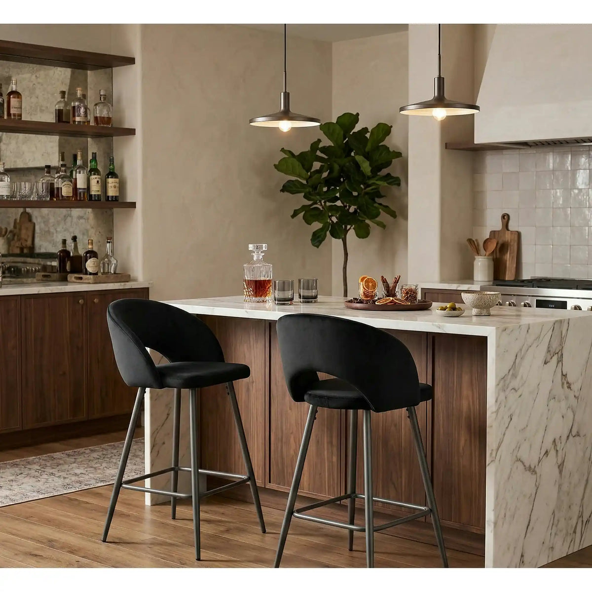 Scaun bar 65 cm H96, negru - HLR 66, stofa catifelata/otel