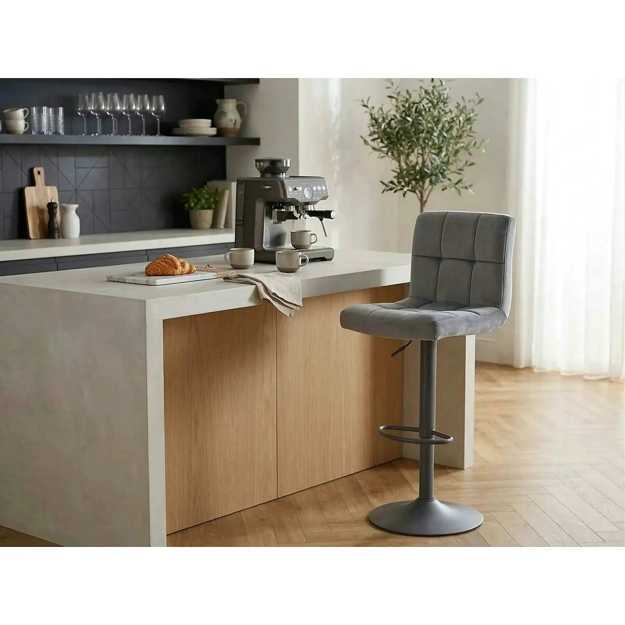 Scaun bar C105, gri/negru, stofa catifelata/metal, 42x39x96/117 cm