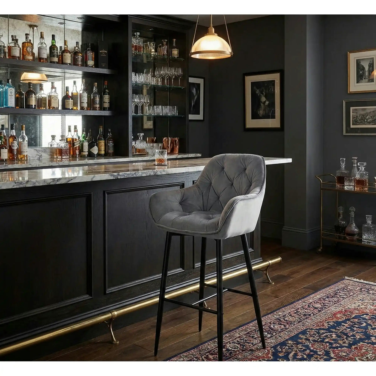 Scaun bar CHERRY H-1, gri/negru mat, stofa catifelata/metal, 56x40x105 cm