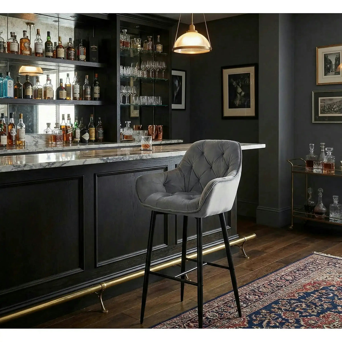 Scaun bar CHERRY H-1, gri/negru mat, stofa catifelata/metal, 56x40x105 cm