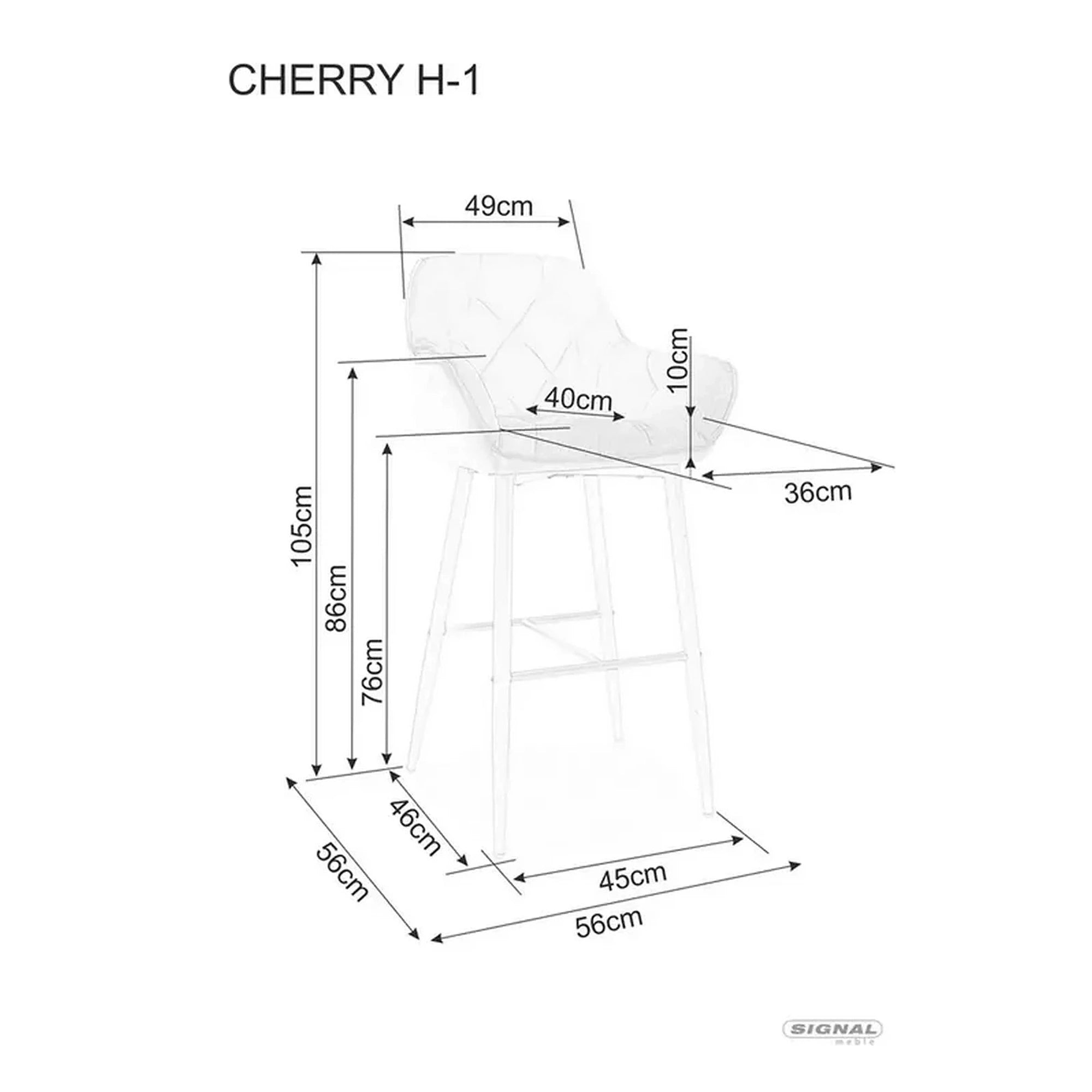 Scaun bar CHERRY H-1, gri/negru mat, stofa catifelata/metal, 56x40x105 cm