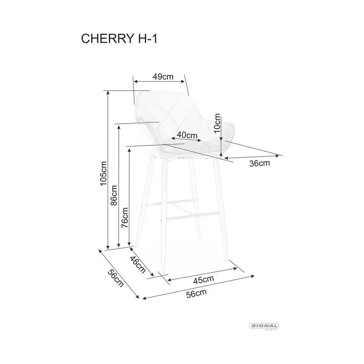 Scaun bar CHERRY H-1, gri/negru mat, stofa catifelata/metal, 56x40x105 cm