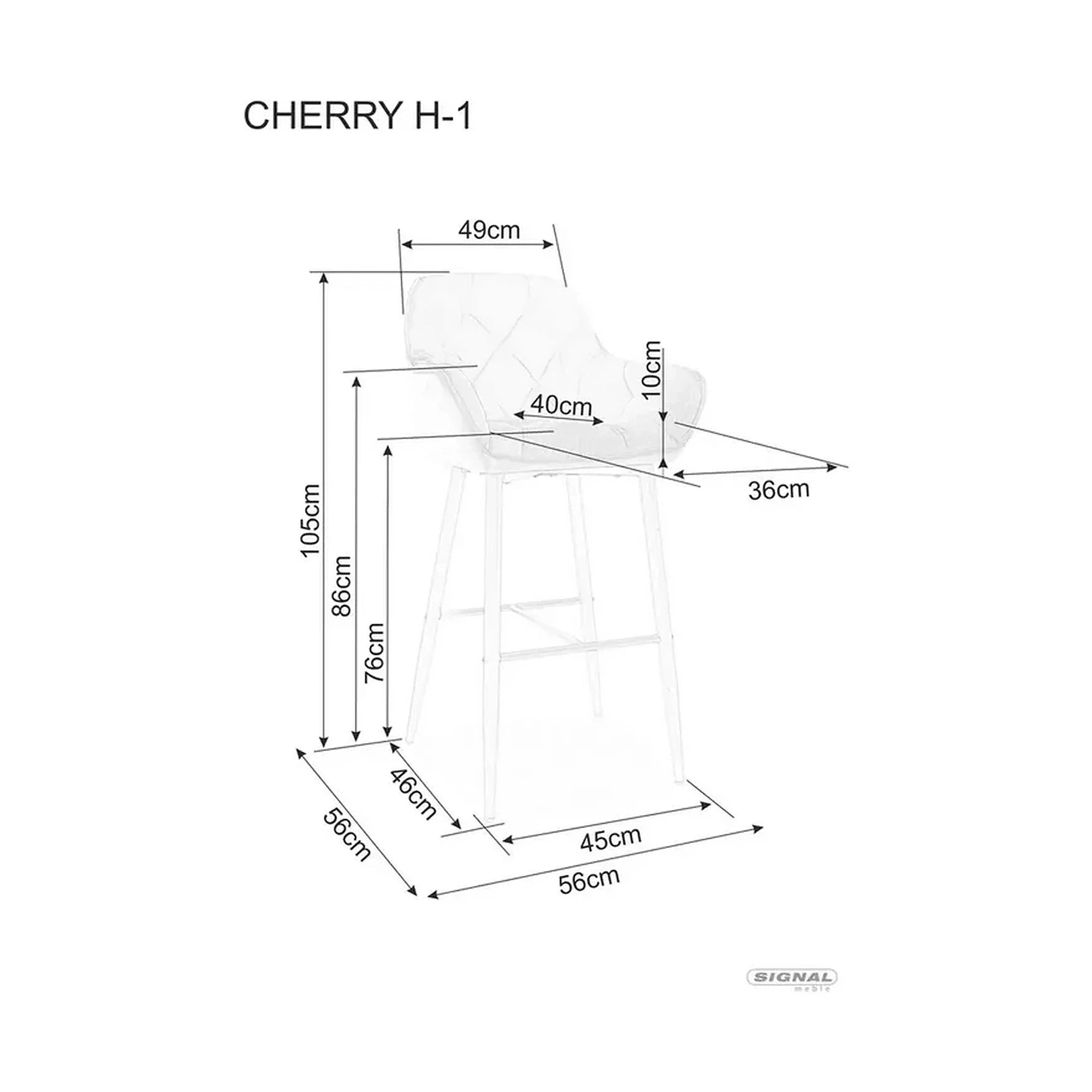 Scaun bar CHERRY H-1, gri/negru mat, stofa catifelata/metal, 56x40x105 cm