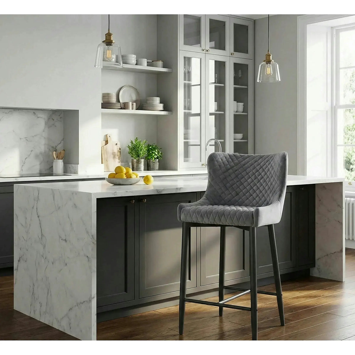 Scaun bar COLIN B H-2, gri/negru mat, stofa catifelata/metal, 48x42x88 cm