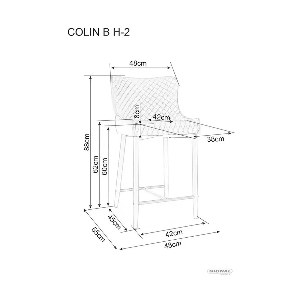 Scaun bar COLIN B H-2, gri/negru mat, stofa catifelata/metal, 48x42x88 cm