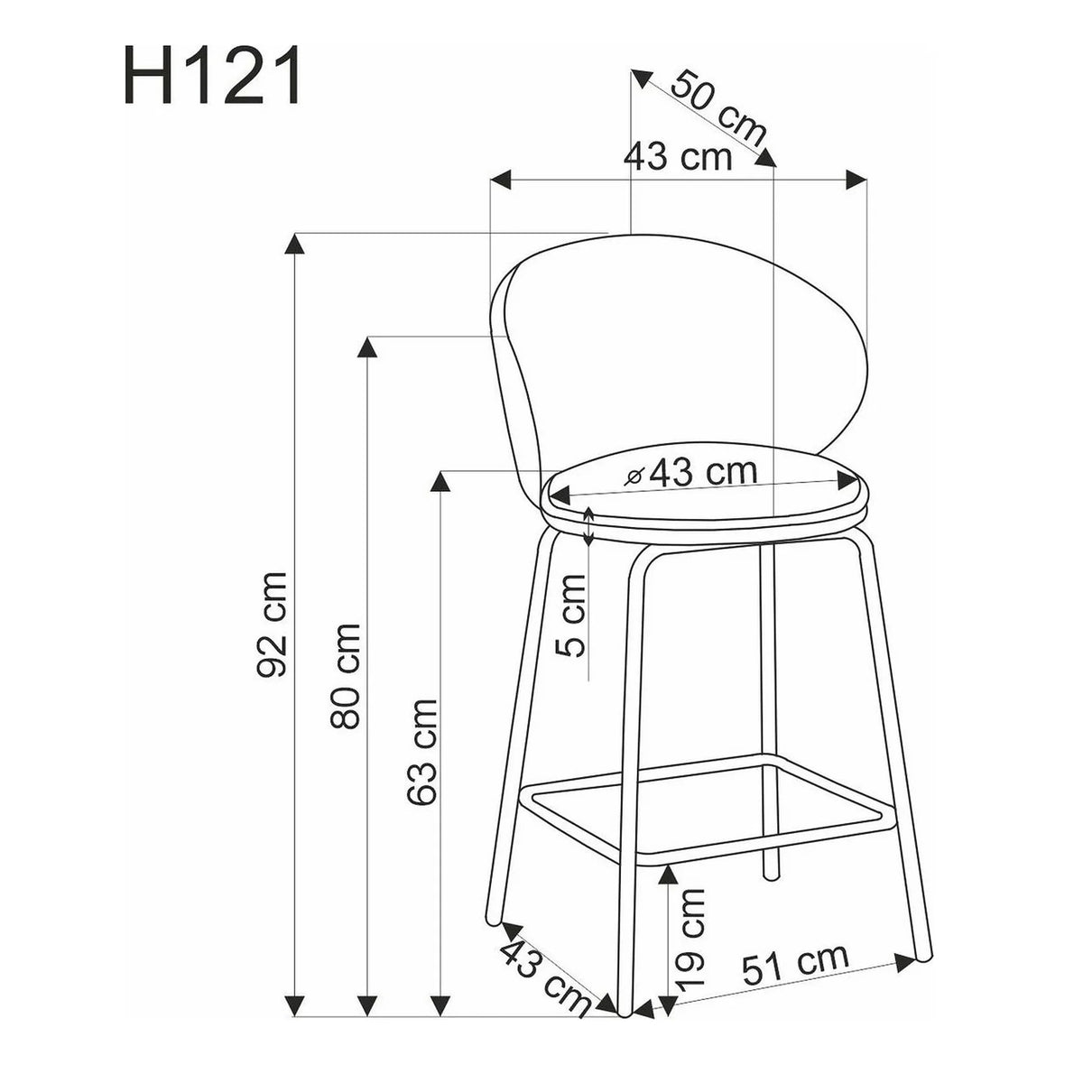 Scaun bar cu spatar inalt H121, bej - Mavel 38/negru, stofa catifelata/metal, 51x50x92 cm