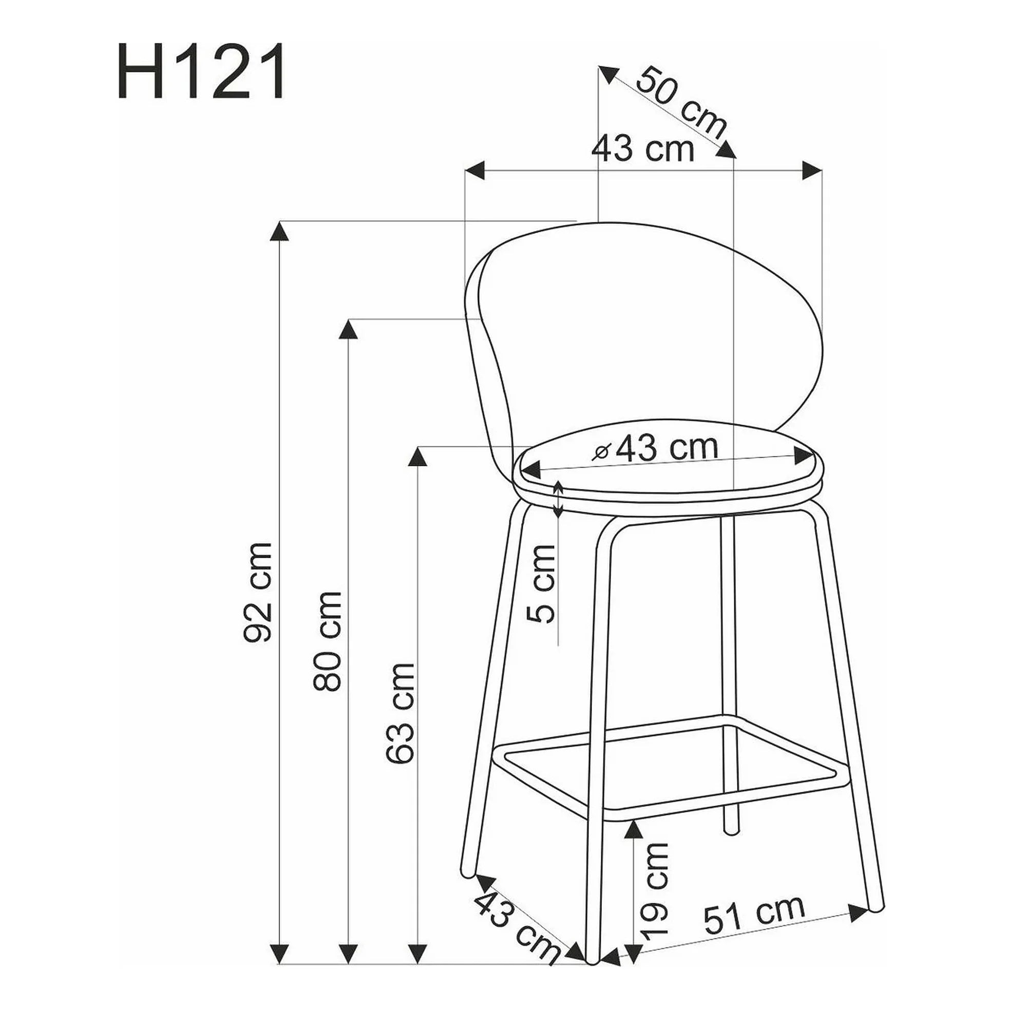 Scaun bar cu spatar inalt H121, bej - Mavel 38/negru, stofa catifelata/metal, 51x50x92 cm