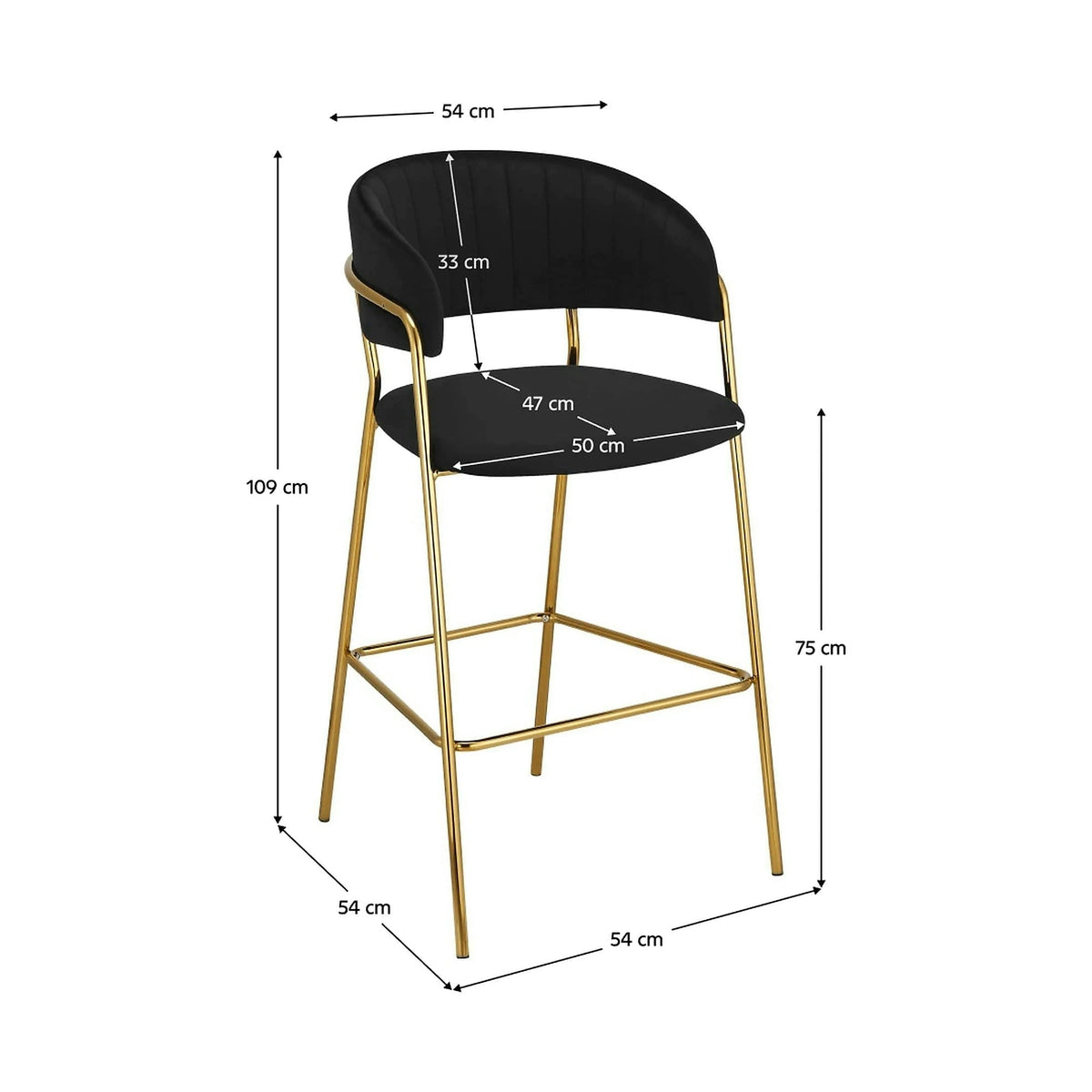 Scaun bar DASMIN TIP 2, negru/auriu, stofa catifelata/metal, 54x54x109 cm