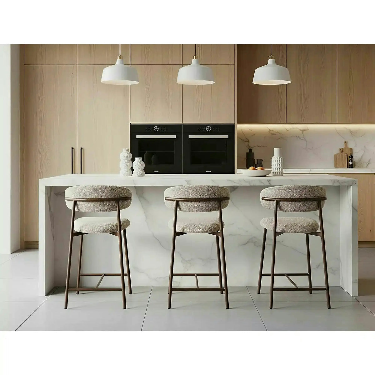 Scaun bar ELTON H-2, bej/nuc, stofă/metal, 43x45x91 cm