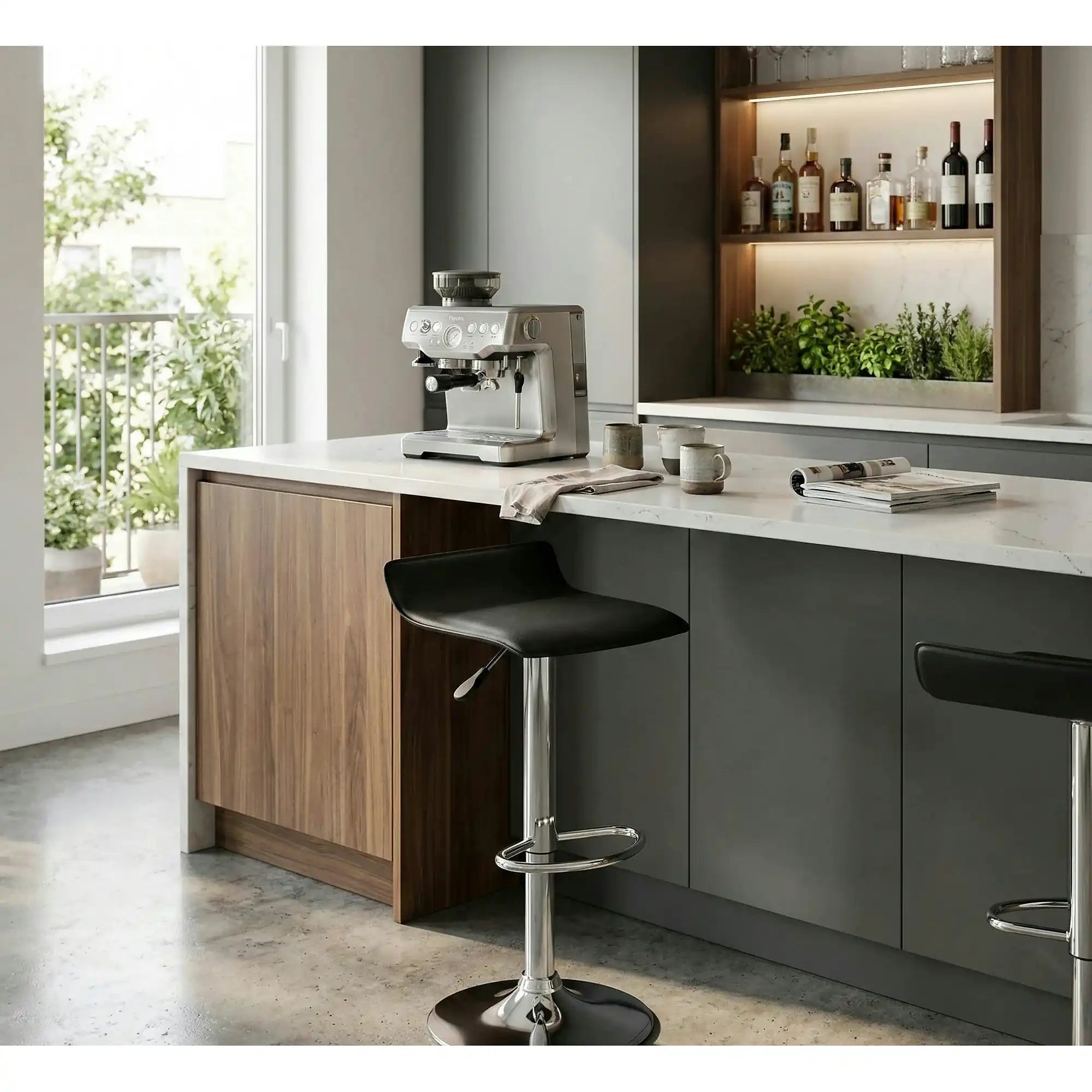 Scaun bar H1, negru/crom, piele ecologica/PVC/otel, 40x39x63/84 cm