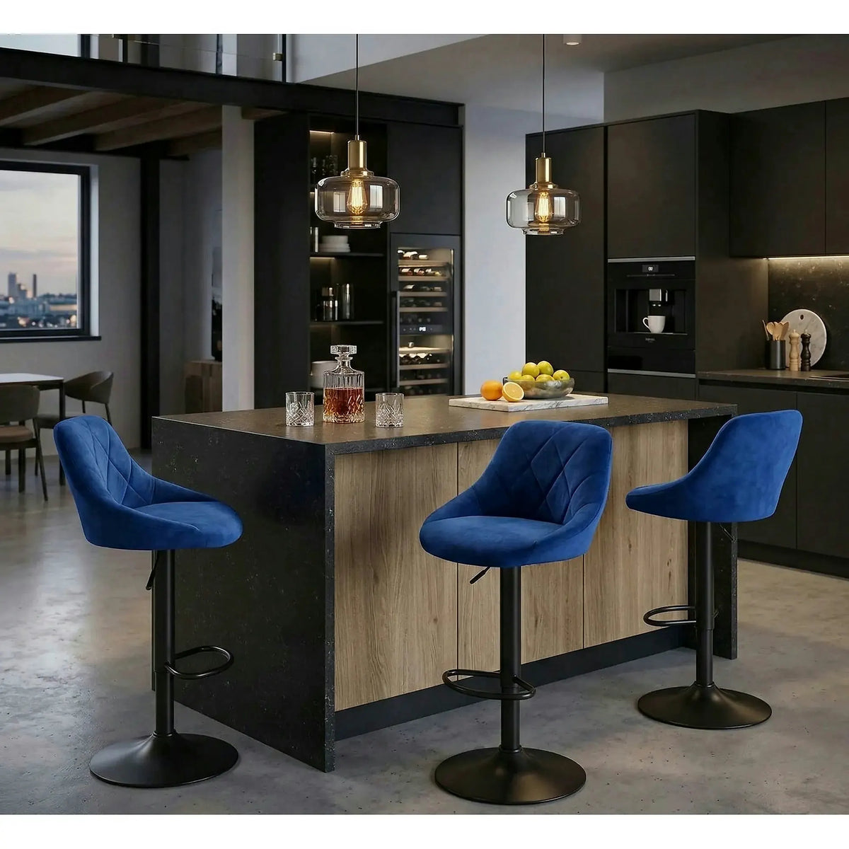 Scaun bar H101, albastru/negru, stofa catifelata/metal, 47x45x84/106 cm