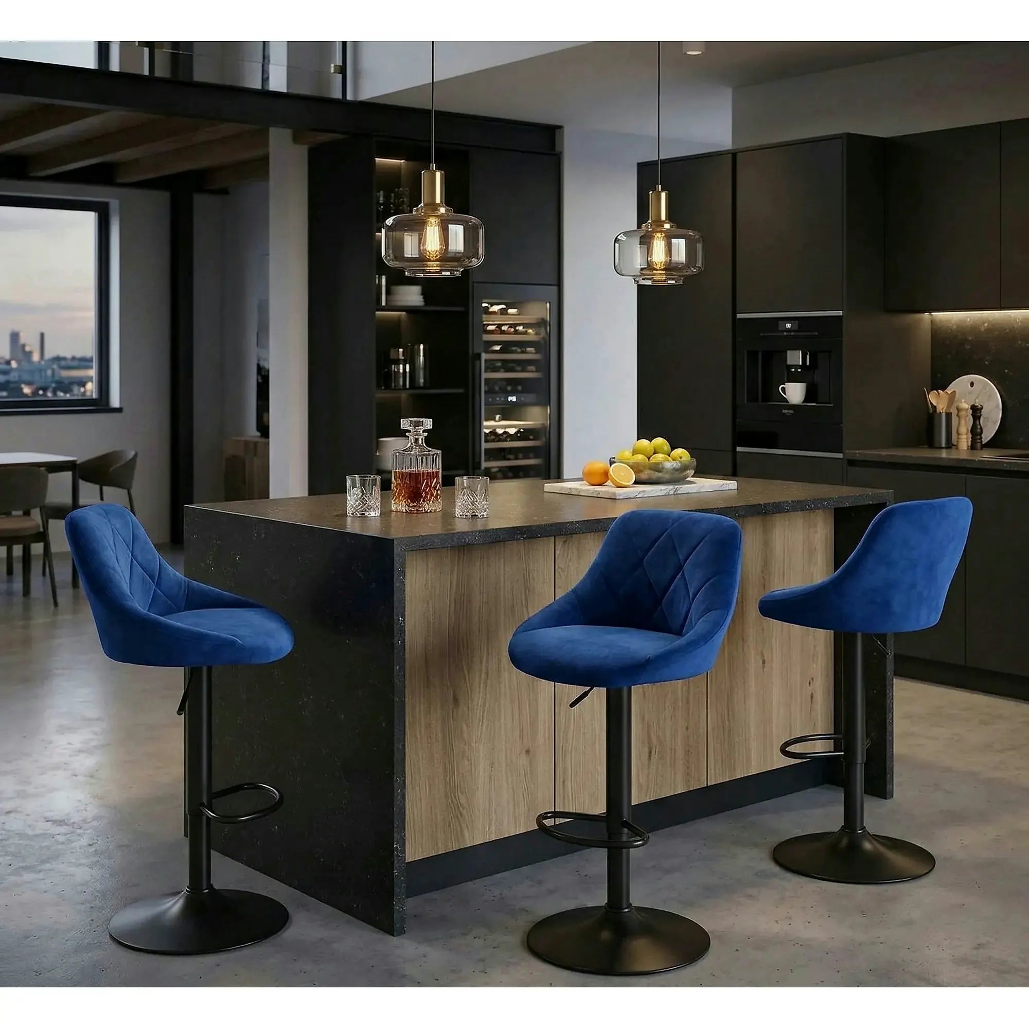 Scaun bar H101, albastru/negru, stofa catifelata/metal, 47x45x84/106 cm