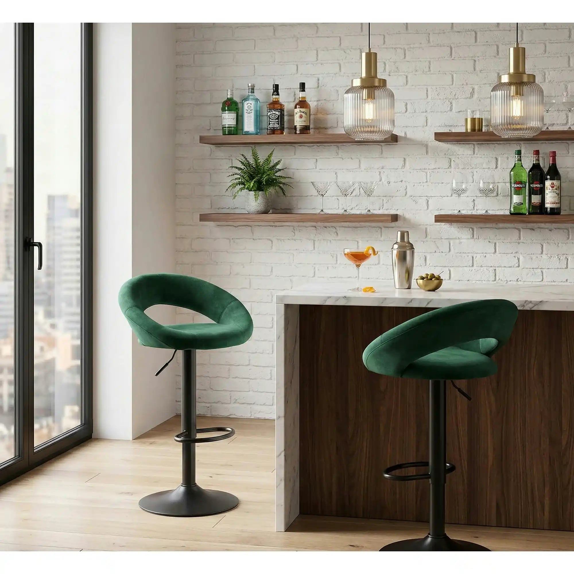 Scaun bar H102, verde inchis/negru, stofa catifelata/otel, 53x48x100 cm