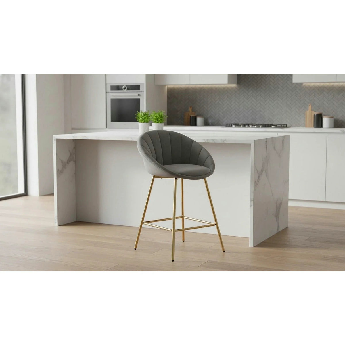 Scaun bar H112, gri/auriu, stofa catifelata/otel, 58x52x87 cm