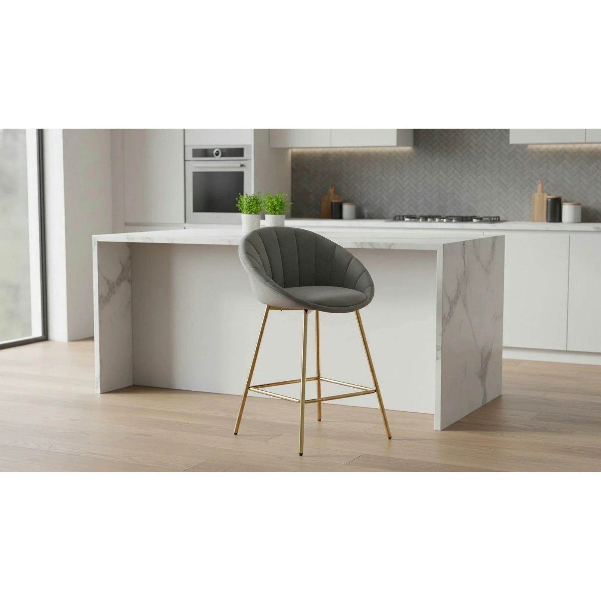Scaun bar H112, gri/auriu, stofa catifelata/otel, 58x52x87 cm