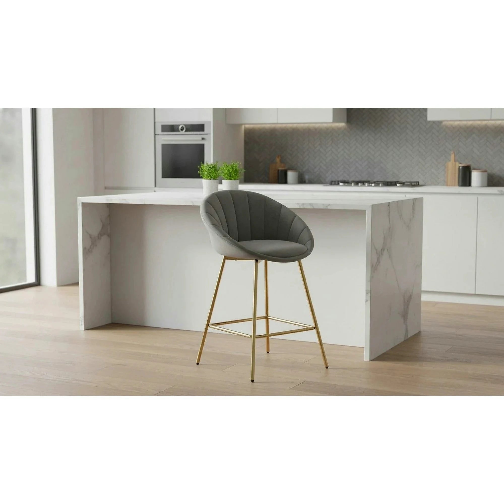 Scaun bar H112, gri/auriu, stofa catifelata/otel, 58x52x87 cm