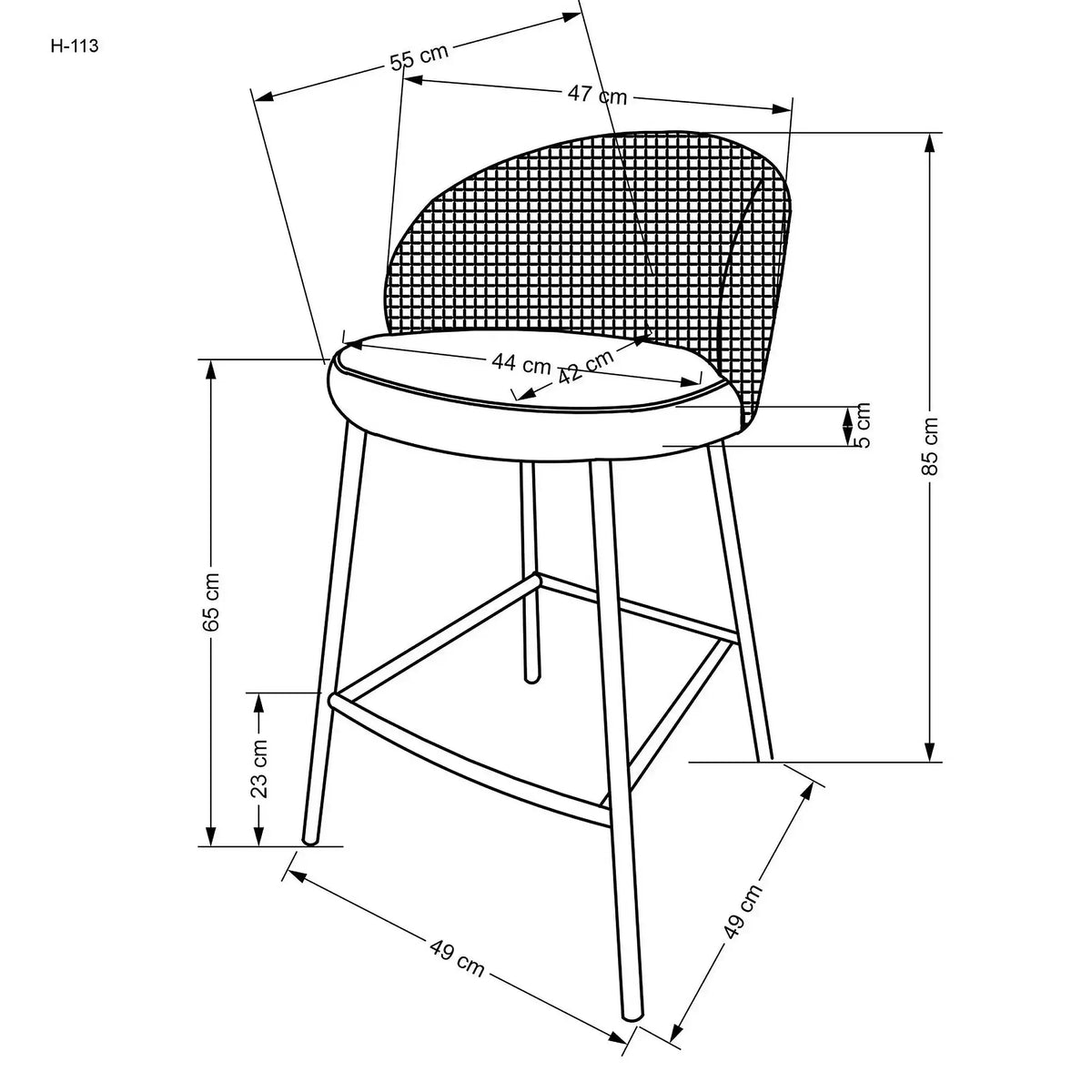 Scaun bar H113, negru/gri/auriu, stofa catifelata/otel, 47x55x85 cm